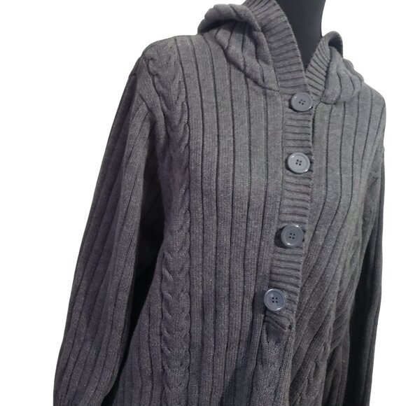 Vintage Womens Y2K Gray Ribbed Fisherman‎ Knit Hooded Cardigan Sweater Size 2X - Picture 2 of 10
